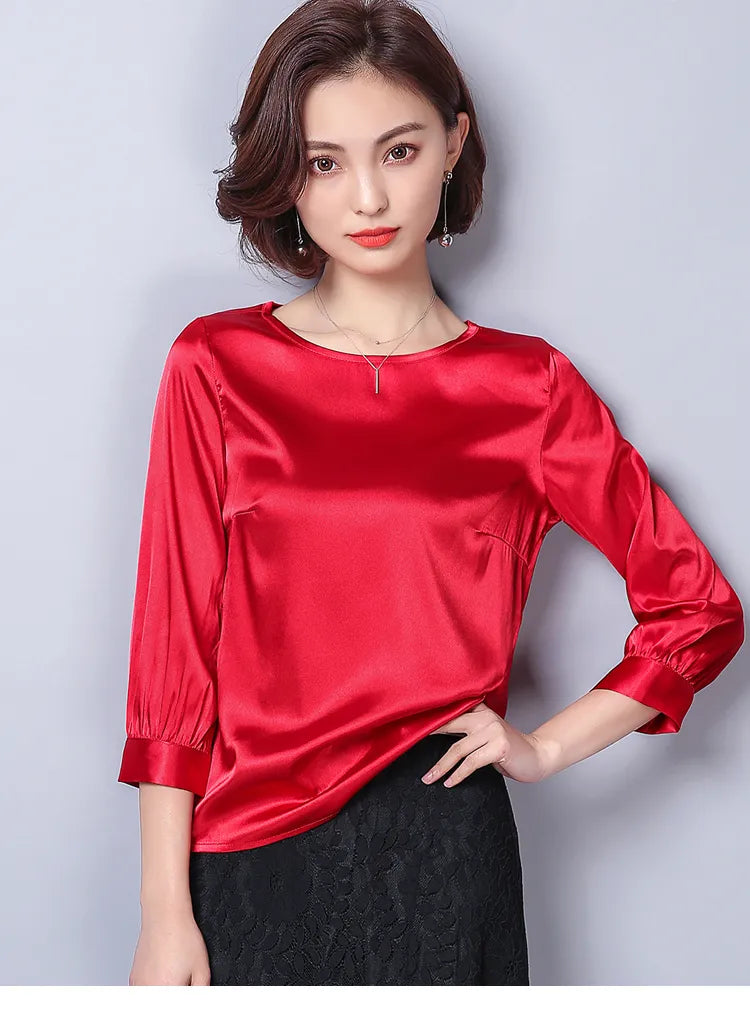 Women Blouses Casual OL Silk Blouse Autumn Loose Basic Satin Shirt Work Wear Blusas Feminina Tops Shirts Plus Size XXXL Pink/Red T200321