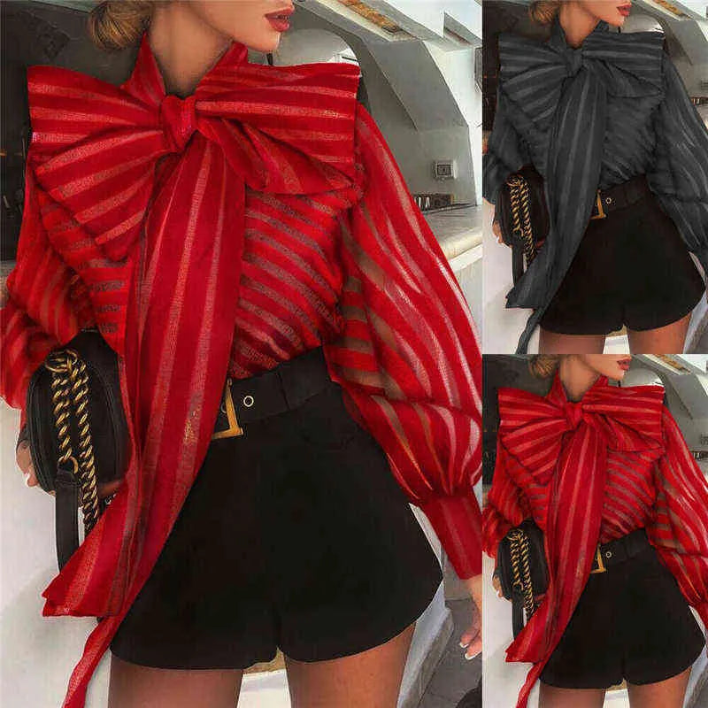 Women Mesh Sheer Striped Blouse See-through Long Sleeve Top Shirt Fashion Elegant Big Bowknot Black Red Shirt Female Blusas H1230