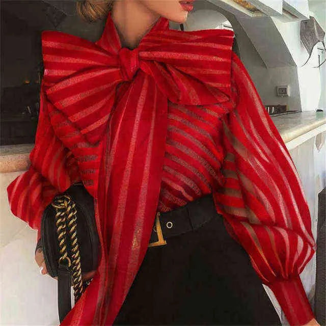 Women Mesh Sheer Striped Blouse See-through Long Sleeve Top Shirt Fashion Elegant Big Bowknot Black Red Shirt Female Blusas H1230