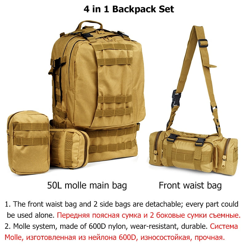 Realaiot 50L Tactical Backpack,Men's Military Backpack,4 in 1Molle Sport Tactical Bag,Outdoor Hiking Climbing Army Backpack Camping Bags Gifts for Men