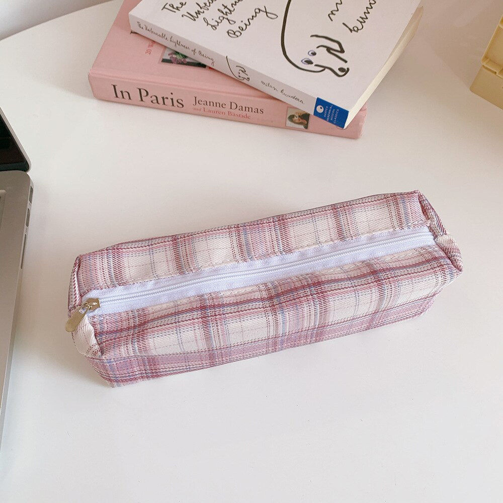 Realaiot Ins Pencil Case Girls Korean Large-capacity Cute Plaid Pencil Case Box School Teenagers Multifunctional Kawaii Stationery Bag