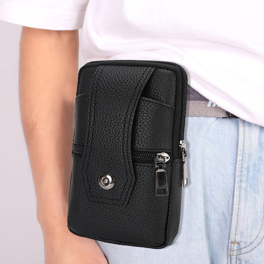 Realaiot Vintage Men Solid Color PU Leather Waist Bag Casual Male Small Wallet Mobile Phone Bags Multi Layer Belt Pouch Coin Purse Cover