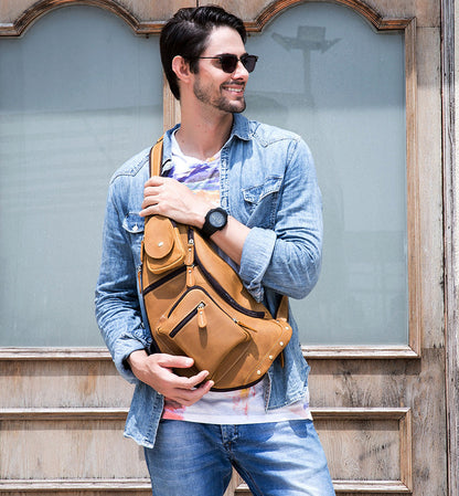 Realaiot Unique Men's Crazy Horse Leather Chest Bag Real Leather Cowhide iPad Mini Male Single Shoulder Back pack Crossbody Bags