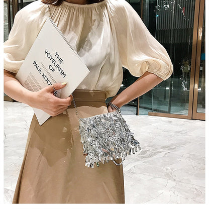 Realaiot Fashion Design Luxury Silver Sequin Rhinestone Tassel Women Small Shoulder Bags Chain Elegant Ladies Party Evening Clutch Purse