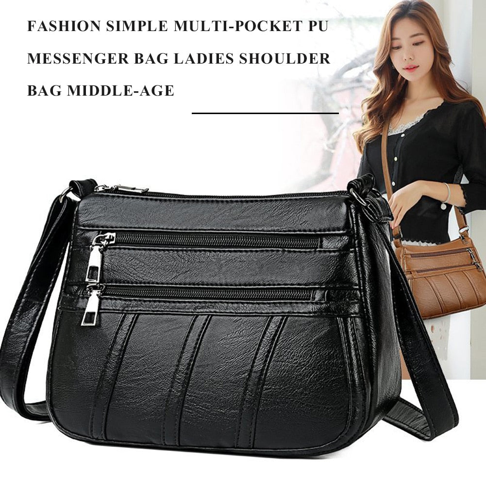 Realaiot Women Leather Shoulder Bag Multi-pocket Mother Female Zipper Crossbody Handbags Fashion Exquisite Shopping Bag