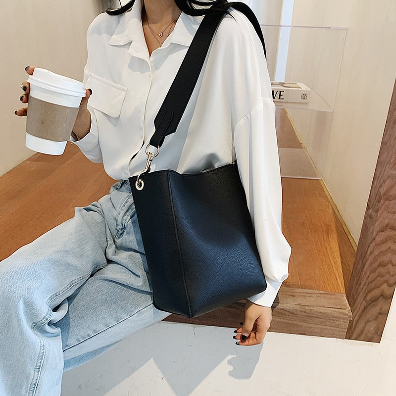 Realaiot Solid Color Pu Leather Crossbody Bags For Women Bucket Bags New Lady Handbags With Wide Belt Travel Shoulder Bags Casual