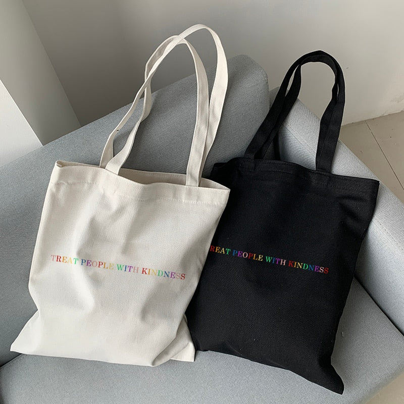 Realaiot Treat People with Kindness Letter Casual Harry Styles Fashion Canvas Big Capacity Harajuku Women New Fun Vintage Shoulder Bag