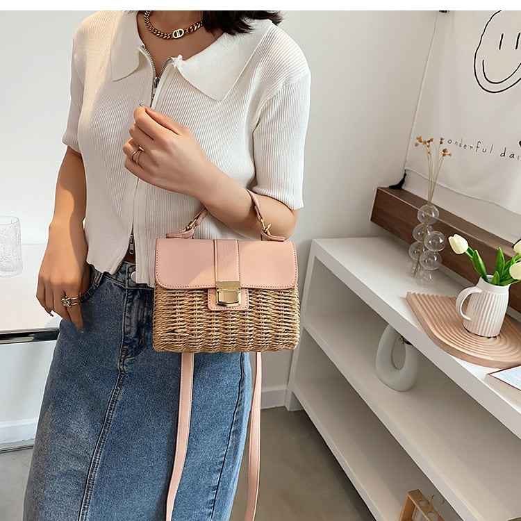 Realaiot Women Square Tote bag Summer New High-quality Straw Women's Designer Handbag Travel Shoulder Messenger Bag Phone Purses