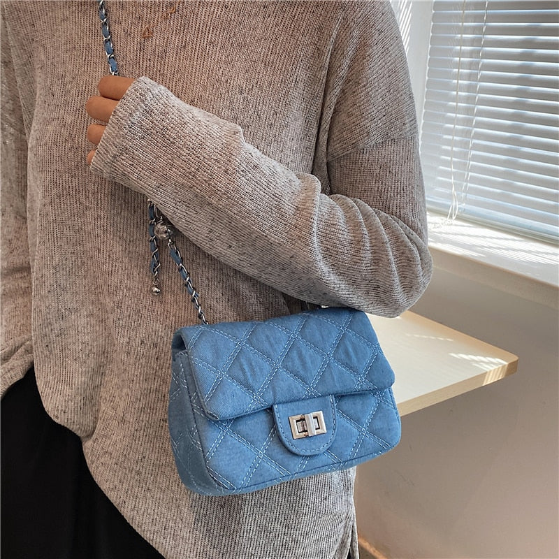 Realaiot Denim Quilted Chain Small Crossbody Shoulder Bags For Women Brand Designer Jean Blue Luxury Ladies Purses And Handbags