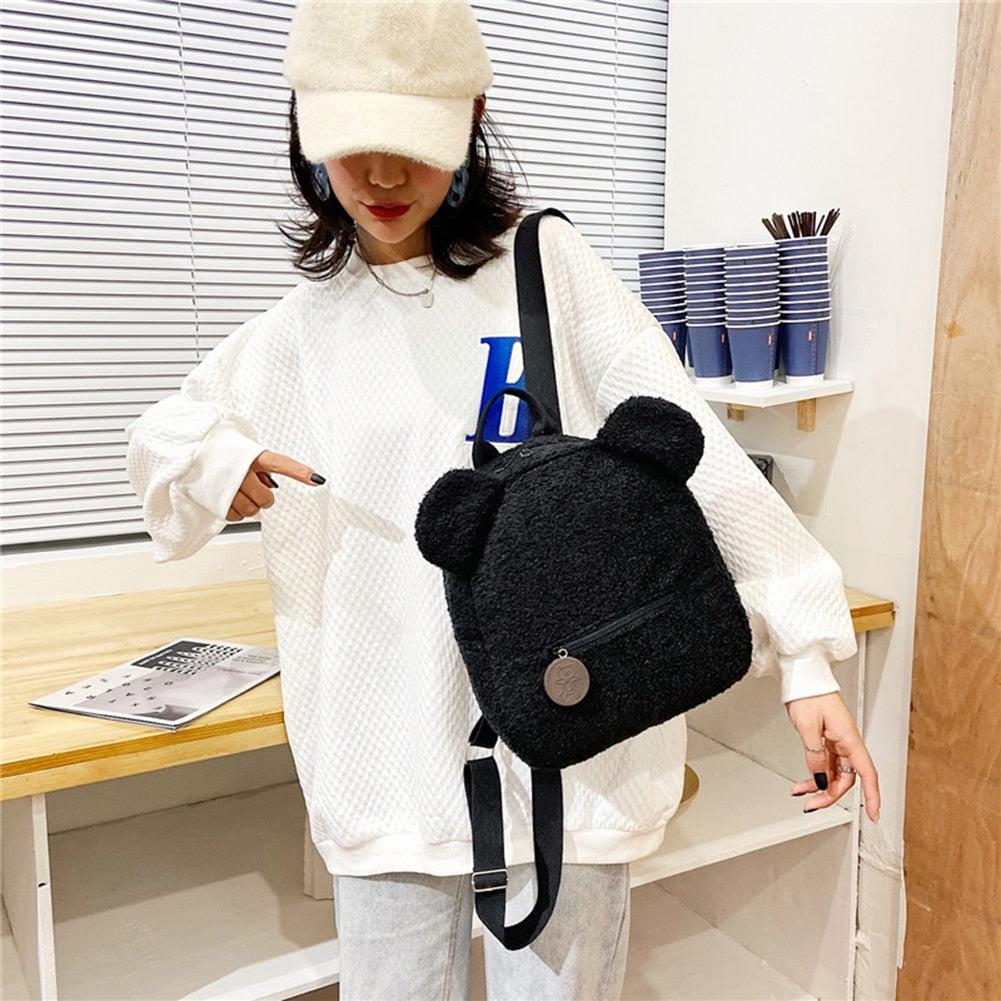 Cyflymder Portable Children Travel Shopping Rucksacks Casual Autumn Winter Lamb Fleece Women's Bagpack Cute Bear Shaped Shoulder Backpack