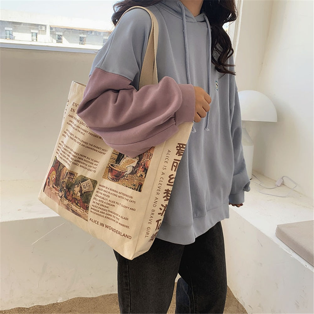 Realaiot 1Pc Women Canvas Shoulder Bag Alice In Wonderland Shopping Bags Students Book Bag Cotton Cloth Handbags Tote For Girls New