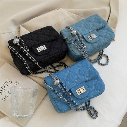 Realaiot Denim Quilted Chain Small Crossbody Shoulder Bags For Women Brand Designer Jean Blue Luxury Ladies Purses And Handbags