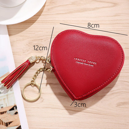 Realaiot Women's Heart Shape Small Coin Wallets PU Leather Zipper Key Ring Tassels Card Holder Mini Purse Cute Portable Female Clutch Bag