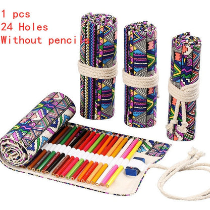 Realaiot 12/24/36/48/72 Hole Colorful Cloth Pencil Case Stationery Cosmetic Pencil Storage Bag Pencil roll School Supplies