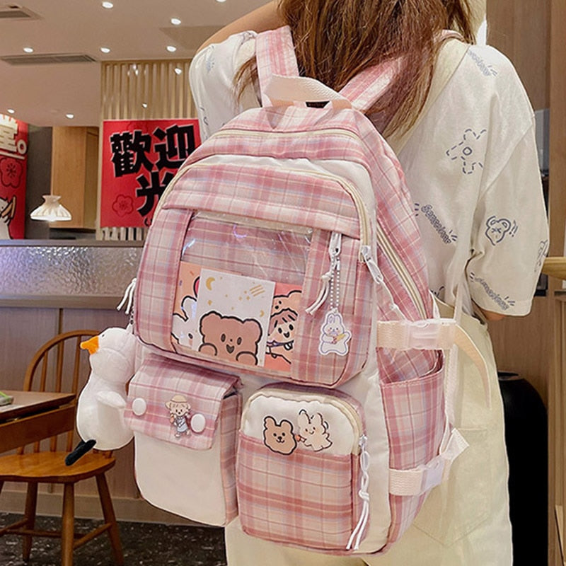 Cyflymder Plaid Transparent PVC Kawaii Contrast Color Girls College Leisure Kawaii Backpack Large Nylon School Backpack For Women Bags