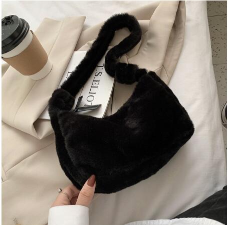 Realaiot Simple Design Women Soft Plush Hobos Shoulder Bags Winter Furry Ladies Clutch Purse Handbag Fashion Female  Underarm Bag