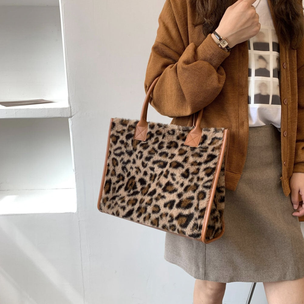 Realaiot Top-Handle Bags Retro Cow Leopard Print PU Leather Plush Design Autumn Winter Fashion Small Women Small Handbags