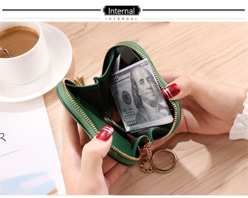 Realaiot Women's Heart Shape Small Coin Wallets PU Leather Zipper Key Ring Tassels Card Holder Mini Purse Cute Portable Female Clutch Bag