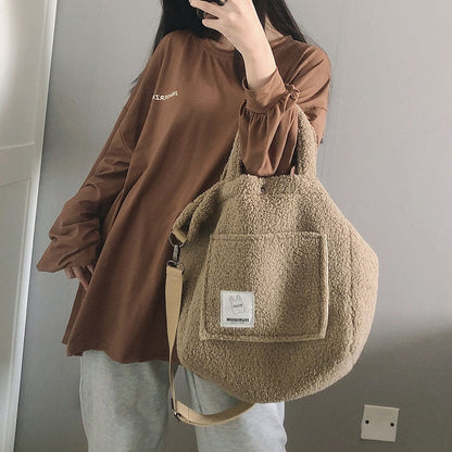 Realaiot Winter Portable Shoulder Bag Plush Handbags Fashion Women Large Capacity Street Totes Popular Simple Female Daily Shop Bag