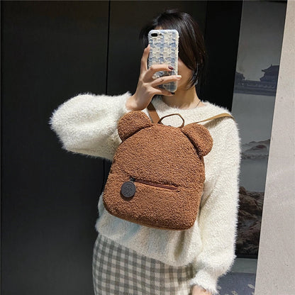 Cyflymder Portable Children Travel Shopping Rucksacks Casual Autumn Winter Lamb Fleece Women's Bagpack Cute Bear Shaped Shoulder Backpack