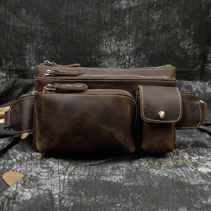 Realaiot Crazy Horse Men Waist Bag Real Leather Chest Bag Outdoor Casual Full Grain Leather Porable Gym Bags Messenger Bag Brown