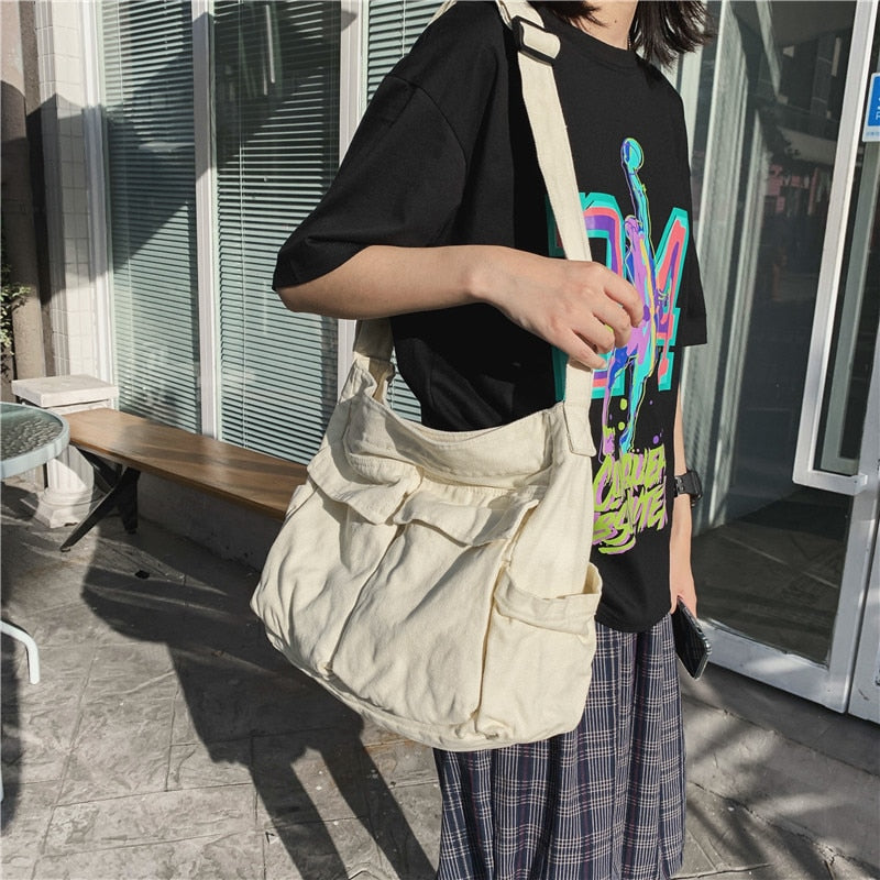 Cyflymder Multi Pockets Canvas Big Size Handbag Female Male Teenager Student Over Large High Street Hip Hop Zipper Messenger Bag