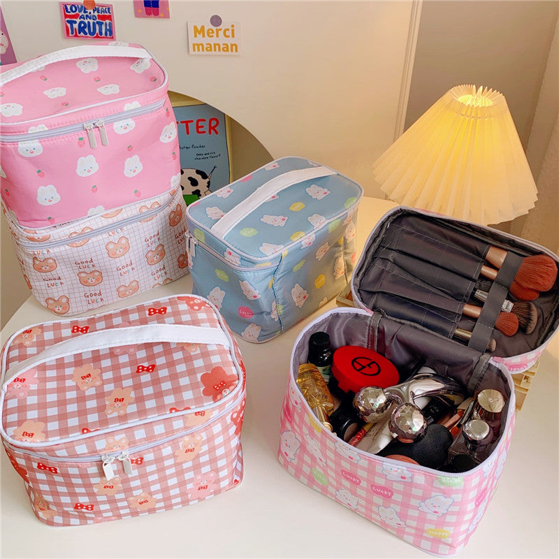 Cyflymder New Women Travel Cosmetic Makeup Bags Case Korean Bear Rabbit Plaid Toiletries Organizer Females Make up Storage Bag Pouch