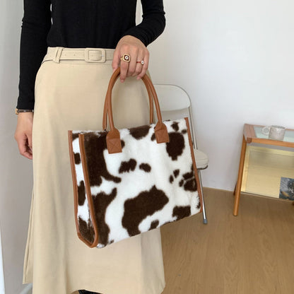 Realaiot Top-Handle Bags Retro Cow Leopard Print PU Leather Plush Design Autumn Winter Fashion Small Women Small Handbags