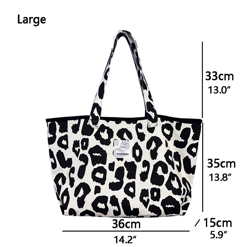 Realaiot Women Shoulder Bag Canvas Totes Bag Girl Fashion Casual Large Capacity Shopper Bag With Snap Cute Leopard Printing Handbags