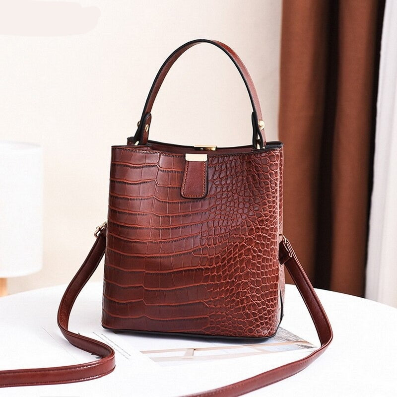 Realaiot Large Capacity Casual Shoulder Messenger Bags Ladies PU Purse Retro Alligator Bucket Women Bags Crocodile Pattern Ladies Handbag