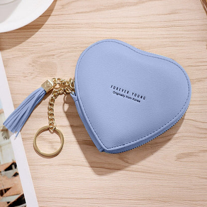 Realaiot Women's Heart Shape Small Coin Wallets PU Leather Zipper Key Ring Tassels Card Holder Mini Purse Cute Portable Female Clutch Bag