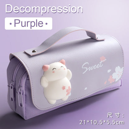 Realaiot Cute Cat Decompression Pencil Case Big Pencil Box Portable Girls Pen Bag Double Layer School Pouch Kawaii Stationery Pensil Case