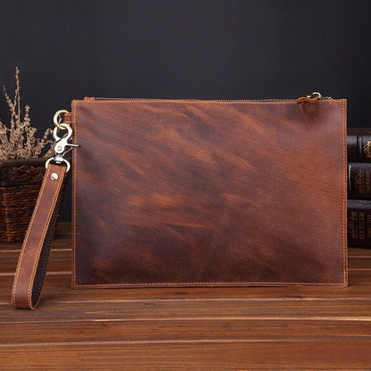 Realaiot Genuine Leather Men's Clutch Bag Big Crazy Horse Leather Business Document Envelope Top Layer Cowhide Clutch Men's Bag