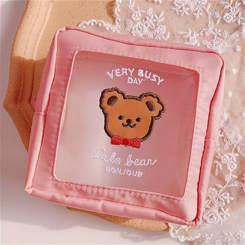 Realaiot Cute Embroidery Pencil Case Girl Bear Large Capacity Pen Pouch Ins Kawaii Makeup Storage Bag Portable Travel Organzier