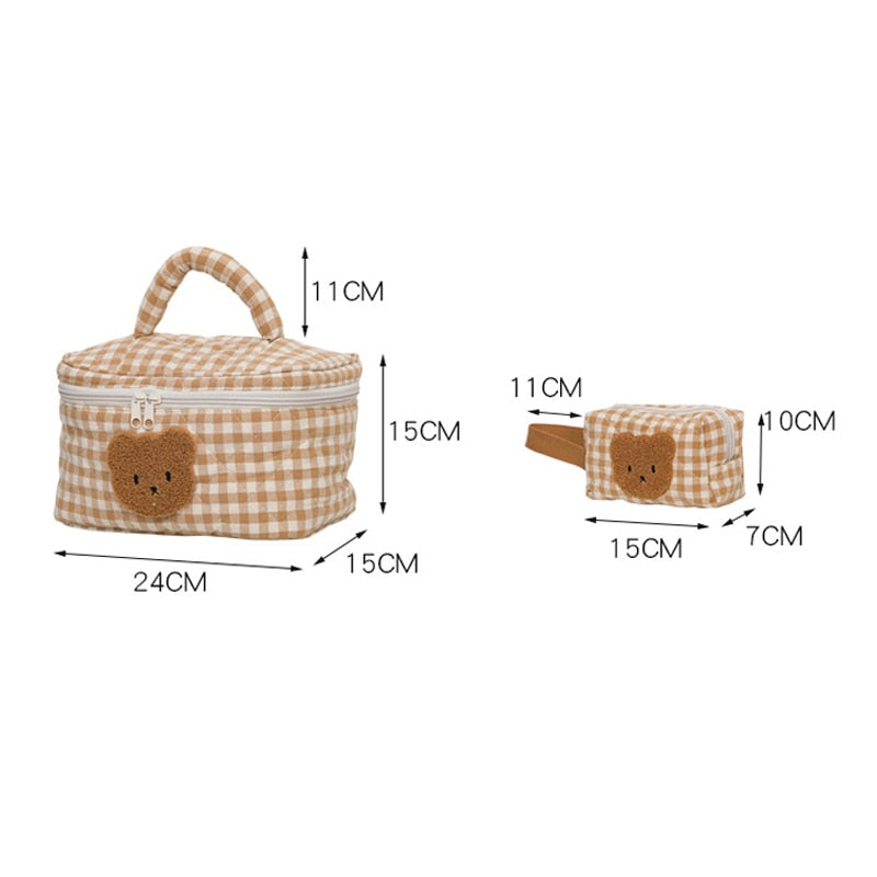 Realaiot Cute Bear Makeup Bag Large Capacity Portable Cosmetic Bags Zipper Pure Cotton Plaid Brushes Pouch Case For Women