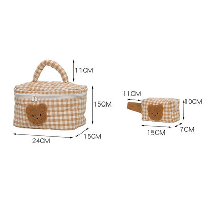 Realaiot Cute Bear Makeup Bag Large Capacity Portable Cosmetic Bags Zipper Pure Cotton Plaid Brushes Pouch Case For Women