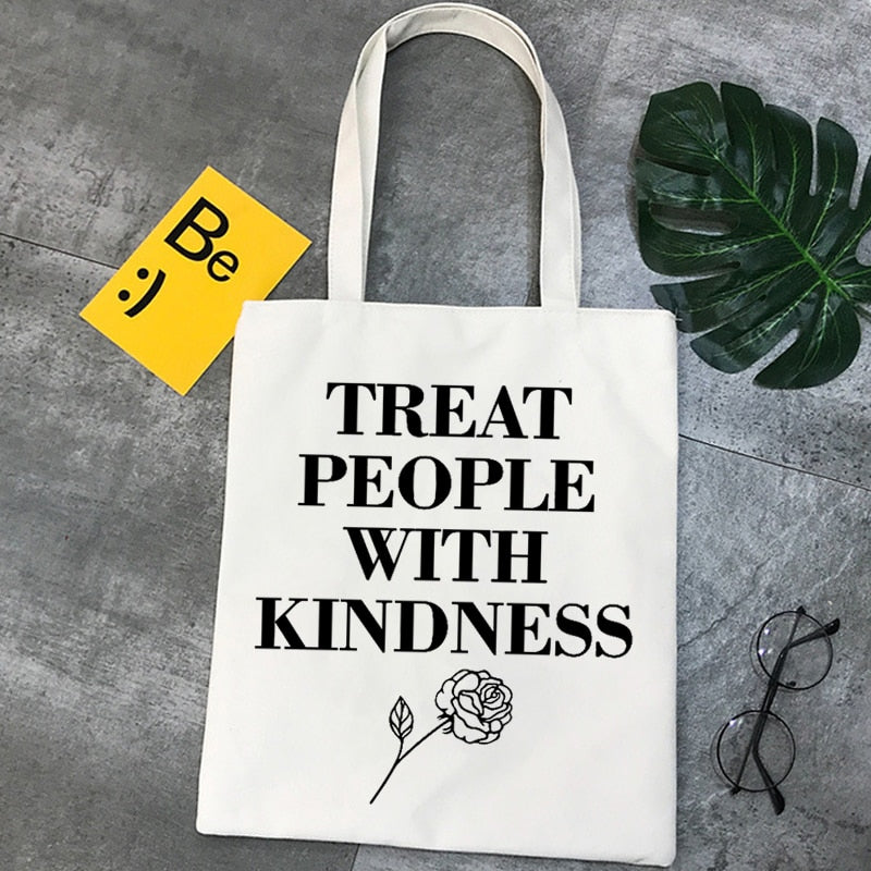 Realaiot Treat People with Kindness Letter Casual Harry Styles Fashion Canvas Big Capacity Harajuku Women New Fun Vintage Shoulder Bag