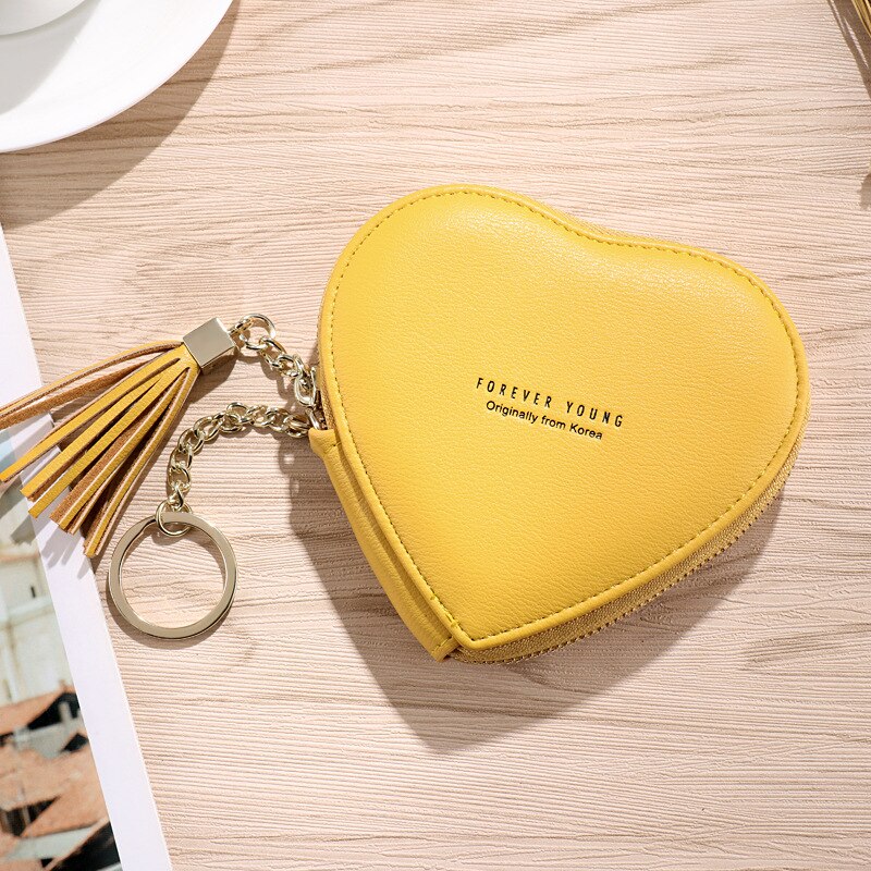 Realaiot Women's Heart Shape Small Coin Wallets PU Leather Zipper Key Ring Tassels Card Holder Mini Purse Cute Portable Female Clutch Bag