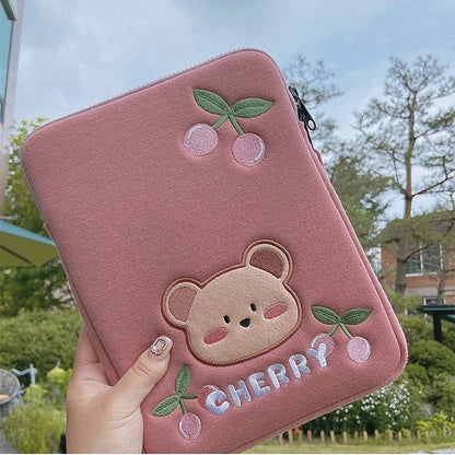 Realaiot Korean Cherry Bear Laptop Ipad Sleeve Bag Pouch For  Mac Ipad Pro 9.7 10.5 10.9 11 13 Inch Tablet Cover Case Inner Storage Bag