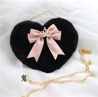 Realaiot Kawaii Heart-shaped Lolita Girl Messenger bag Harajuku Plush Bow JK Uniform Cute Furry Chain Shoulder Bag Handbag