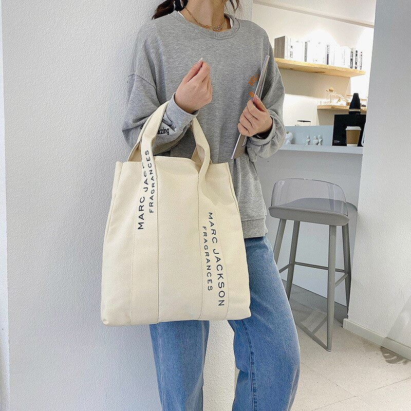 Realaiot 1 Pc Minimalist Letter Black and White Canvas Bag Fashion Large  Shopping  Bag Fabric Reusable Women Shoulder Tote Bag