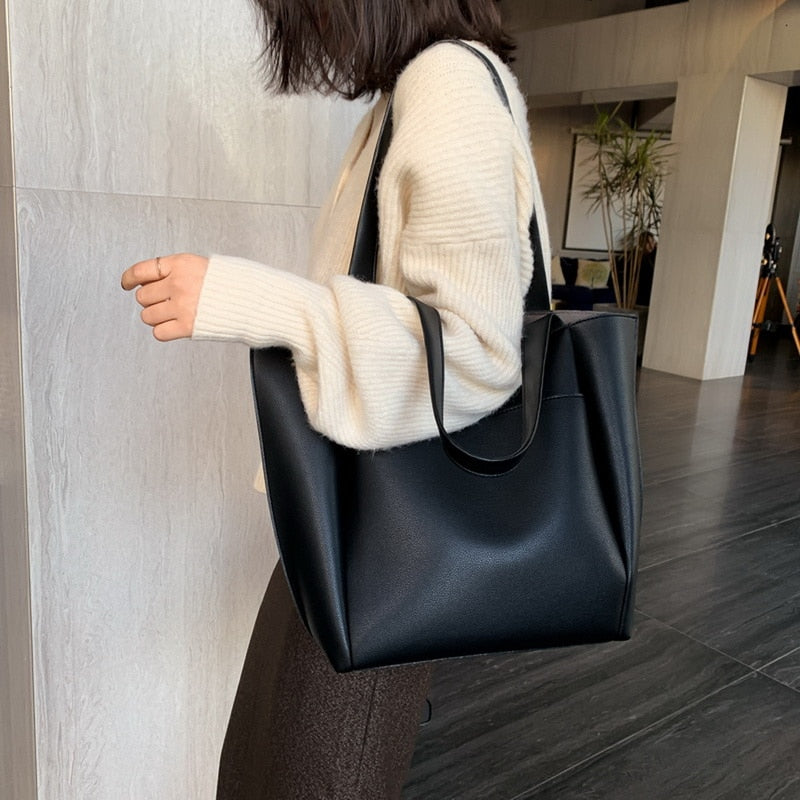 Realaiot Soft Large Capacity Tote Bag Shopper Bag  Women Handbag Luxury Pu Leather Shoulder Bag Retro Oversized Women's Bag