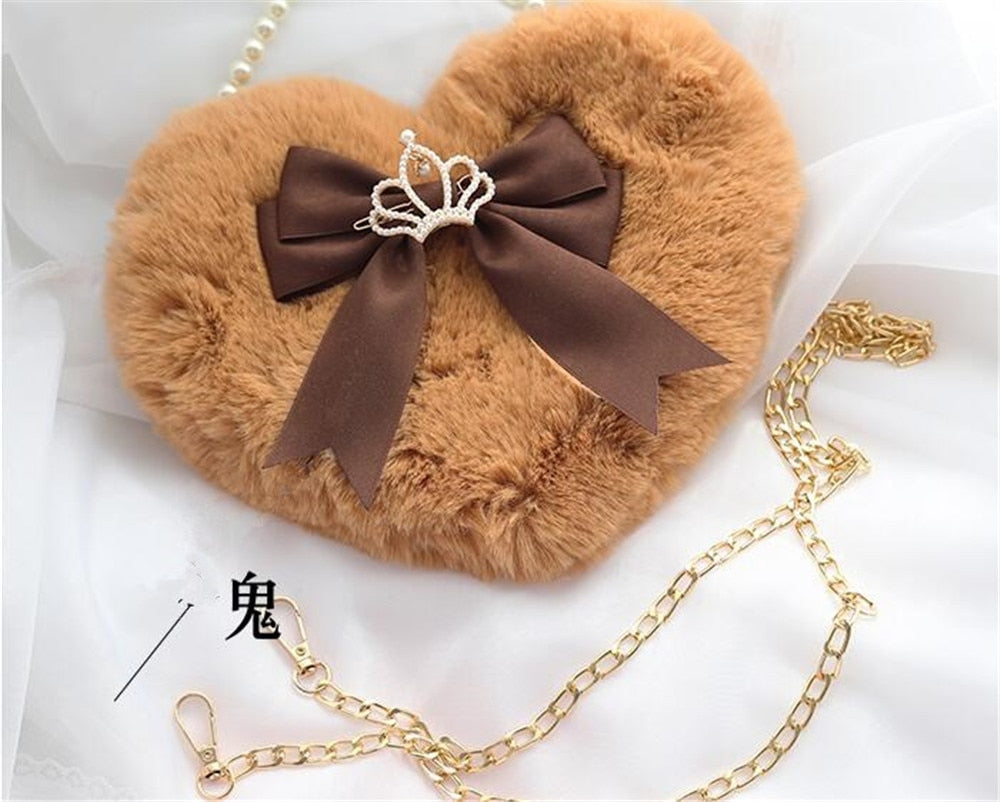 Realaiot Kawaii Heart-shaped Lolita Girl Messenger bag Harajuku Plush Bow JK Uniform Cute Furry Chain Shoulder Bag Handbag