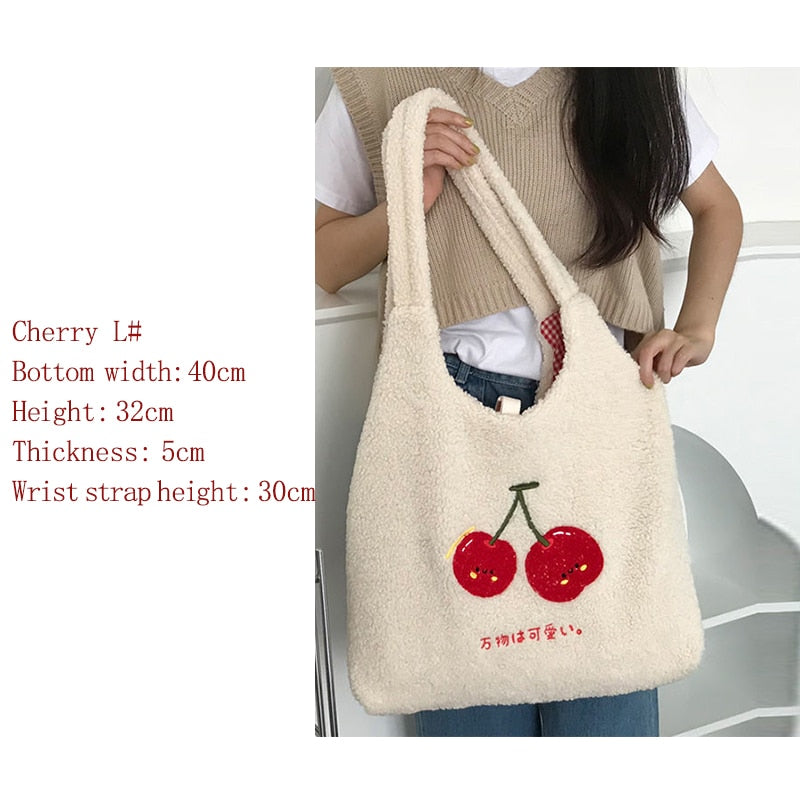 Cyflymder Plush Tote Bag Shopper Handbag for Women Autumn Winter Girls Casual Cute Cherry Embroidery Lmitation Wool Eco Shoulder Bags