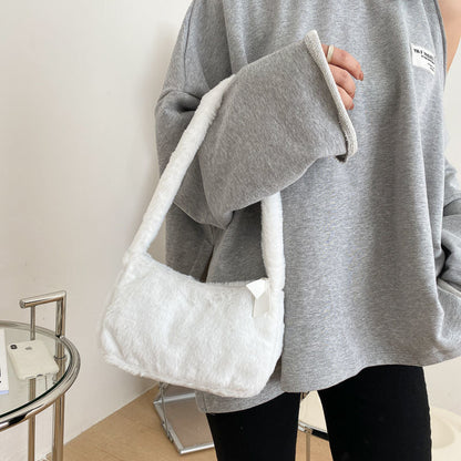 Realaiot Simple Design Women Soft Plush Hobos Shoulder Bags Winter Furry Ladies Clutch Purse Handbag Fashion Female  Underarm Bag