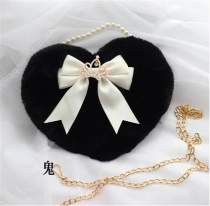 Realaiot Kawaii Heart-shaped Lolita Girl Messenger bag Harajuku Plush Bow JK Uniform Cute Furry Chain Shoulder Bag Handbag