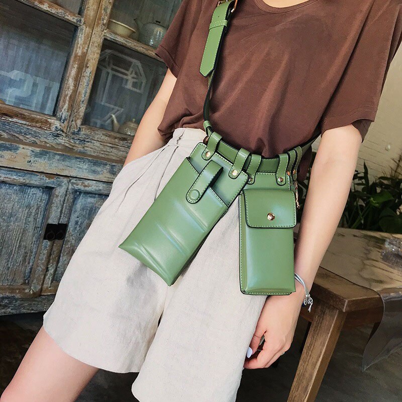 Realaiot 2 Pcs Women Waist Bag Hip Hop Leather Belt Bags Tactical Crossbody Chest Bag Female Fanny Pack Small Designer Luxury Hip Pocket