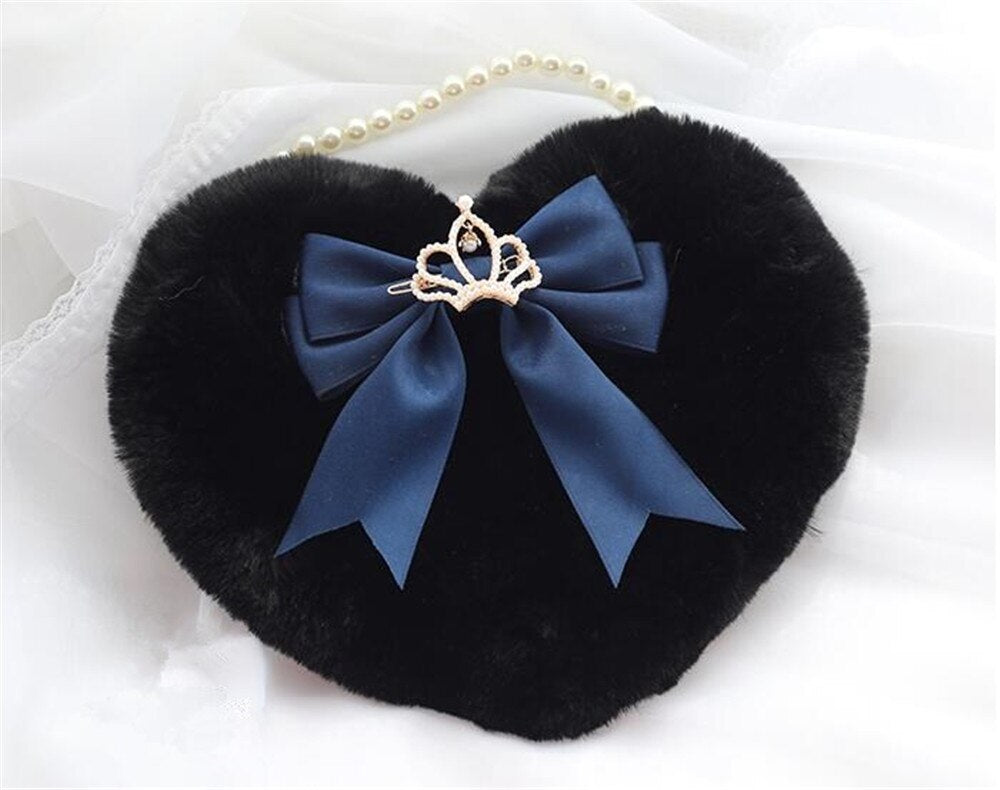 Realaiot Kawaii Heart-shaped Lolita Girl Messenger bag Harajuku Plush Bow JK Uniform Cute Furry Chain Shoulder Bag Handbag