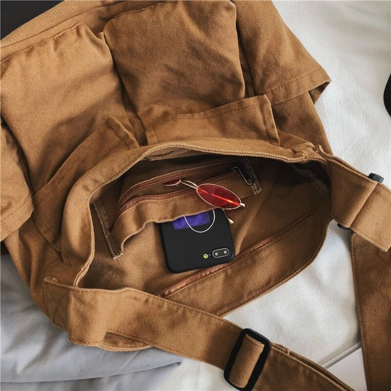 Cyflymder Multi Pockets Canvas Big Size Handbag Female Male Teenager Student Over Large High Street Hip Hop Zipper Messenger Bag