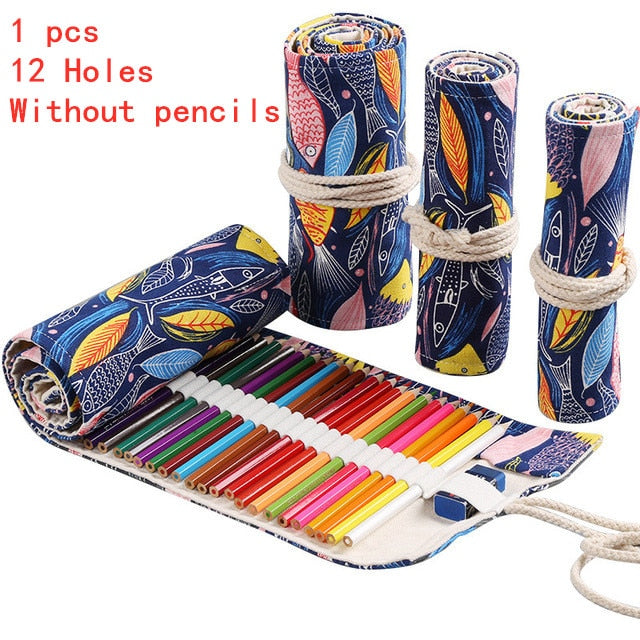 Realaiot 12/24/36/48/72 Hole Colorful Cloth Pencil Case Stationery Cosmetic Pencil Storage Bag Pencil roll School Supplies